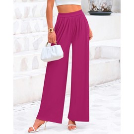 BTFBM Womens Casual Wide Leg Pants Summer Fall Clothes Pleated Elastic Waist Loose Palazzo Knit Trousers with Pockets(Rose Red, Medium)