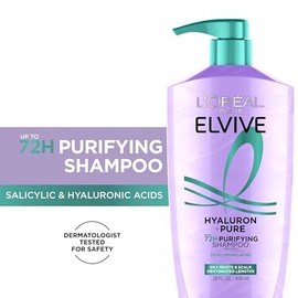 L'Oreal Paris Elvive Hyaluron + Pure 72H Champú purificador para cabello graso, champú clarificador con ácido salicílico y ácido hialurónico, 28 onzas