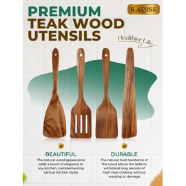 Wooden Spatula for Cooking, Natural Teak Wood Utensils including Frying Flat Spatula Turner, Wooden Kitchen Utensils Set (4Pcs)
