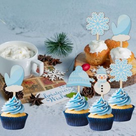 CORNER LACE Winter Birthday/Baby Shower Wooden Cupcake Toppers Blue, Snowman Snowflake Hat Gloves Cupcake/Desserts Picks 16Pcs, Christmas New Year Wedding Winter Party Decorations Supplies Favors