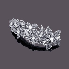 Parieo 2 Pieces Vintage Silver Leafy Barrette Antique Filigree Silver Flower Crystal Barrette Diamante Flower Design Hair Barrette