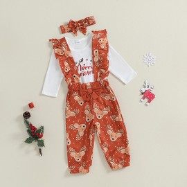 Caziffer Baby Girls Christmas Outfit Letter Embroidery Long Sleeves Romper and Elk/Santa Print Overalls Headband Set (A Red, 12-18 Months)