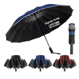 Ultimate Windproof Inverted Travel Umbrella 16 Rib with Reflective Edges, Automatic Folding, Compact & Portable, Durable Reverse-Fold Rain Umbrella for Car & Backpack - F1.2.UV.Navy Blue