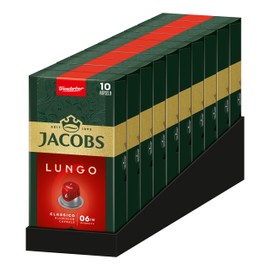 Jacobs Lungo Classico 6 Coffee Capsules, Nespresso* Compatible Capsules, Velvet Crema, Intensity 6/12, Pack of 100 (10 x 10 Drinks)