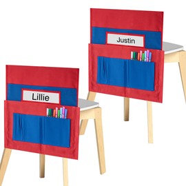 TOCCOOL 2PCS Classroom Chair Pockets, 18.5 x 15.7 inches Back Pockets with Name Tag for Students - Storage Organizers for Kindergarten, School & Home(Red & Blue)