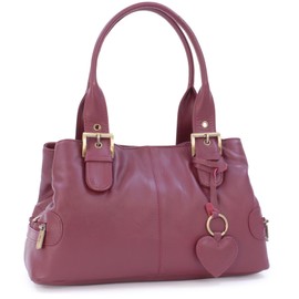 Gigi - Women's Leather Top Handle Bag - Small/Medium Handbag - Multiple Pockets - With Heart Keyring Charm - OTHELLO 6165 - Burgundy