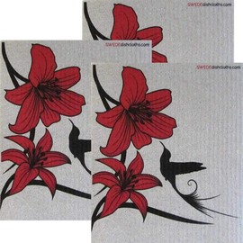 Lily and Hummingbird On Gray Set of 3 Swedish Dishcloths | ECO Friendly Absorbent Cleaning Cloth | Reusable Cleaning Wipes