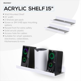 BRAINWAVZ 2-Pack 15" Floating Acrylic Wall Shelf for Speakers, Books, Decor, Plants, Cameras, Photos, Kitchen, Bathroom, Routers & More Universal Small Holder Shelves (White)