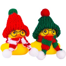CoFuBcad Car Rubber Ducks Dashboard Decoration 2 Pack Winter Ducks Car Ornaments Accessories with Mini Beanie Hats, Scarves and Sunglasses(D3)