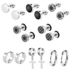 Epoch World 8 Pairs Stainless Steel Silver Earrings Men's Stud Earrings Hoop Earrings Silver Earrings Women's Hanging Earrings Cross Men Women Silver Hoop Earrings Set Piercing