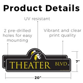Theater (2 Pack) Plastic Street Sign - 7 Inch X 20 Inch Gift Stage Performance Acting Drama Comedy Decor Play Lights Show Movie Fun Musical