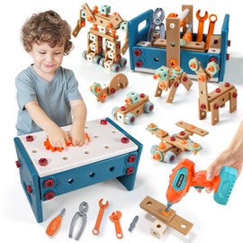 VEAIS Kids Tool Set with Workbench, 120pcs STEM Building Toys with Electric Drill Building Consttution Toys for Toddler Age 3-8 Years