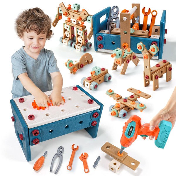 VEAIS Kids Tool Set with Workbench, 120pcs STEM Building Toys