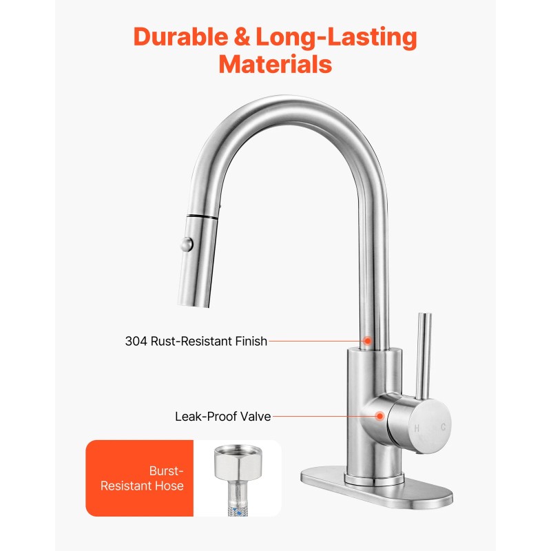 VEVOR Single Handle Sink Faucet Brushed Nickel Pull-Down Kitchen Sink