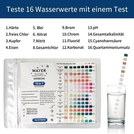 50 x Water Tester, Drinking Water Test Strips, 16-in-1 Water Test Strips, pH Test Strips, Easy Checking of Water Quality, Tests Water Hardness, Lead, Iron, Copper