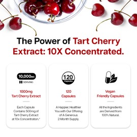Just Glow Tart Cherry 10,000mg - 10:1 Tart Cherry Extract 1,000mg Per Serving - Made in Canada - Vegan & Non-GMO - 120 Veg Capsules (2 Months)