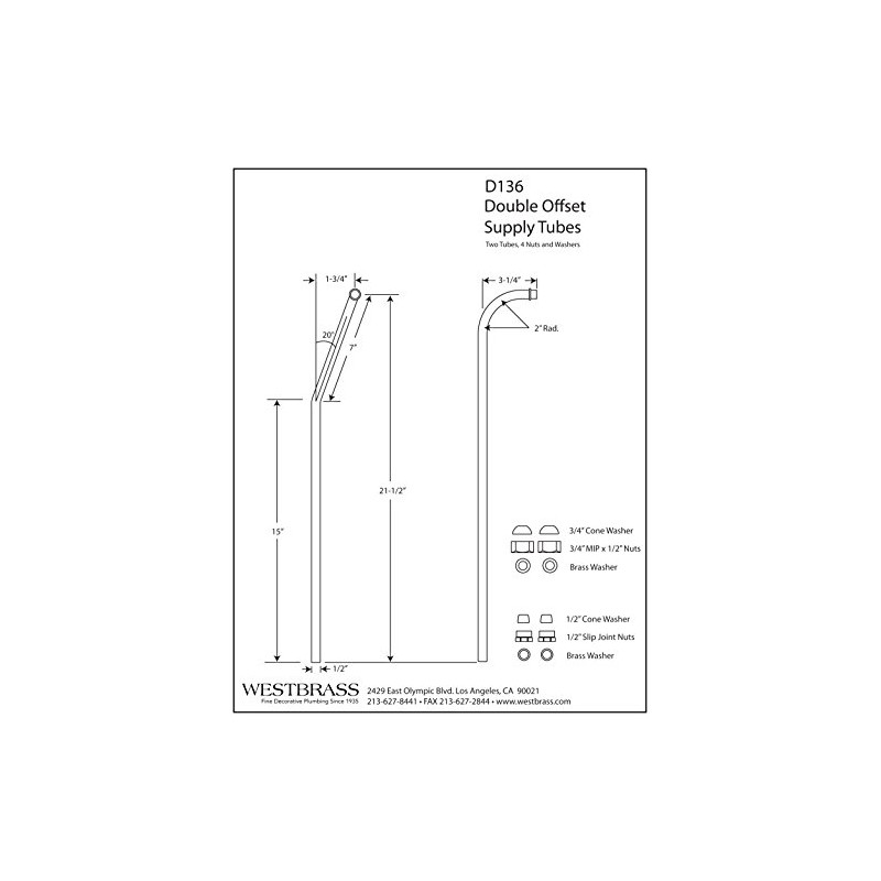 Westbrass D136-05 Double Offset Bath Supply, Polished Nickel