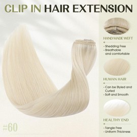 S-noilite 14 Inch Clip in Hair Extensions 100% Human Hair 8Pcs 18Clips Normal Weft Full Head Clip in Hair Extensions for Women Straight Platinum Blonde Real Hair Extension(60g,#60 Platinum Blonde)