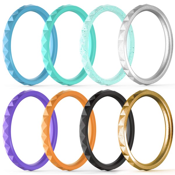 ThunderFit Thin and Stackable Silicone Rings, 8 Pack - Silicone Wedding Bands for Women - Diamond Pattern