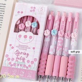 MOZXIRZ 5 Pcs Gel Ink Pens Retractable Pens Cute Flower Pen 0.5mm Black Ink Writing Pen Office School Supplies Aesthetic Pens for Women Girls (Pink)