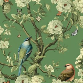 VEELIKE Vintage Branches and Birds Wallpaper Stick and Peel Green Butterflies Floral Wallpaper for Bedroom Bathroom 17.7''x118'' Self Adhesive Removable Green Contact Paper for Cabinets Drawers Walls