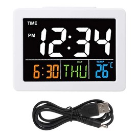 Natudeco Digital Alarm Clock Colorful Large Screen LCD Electronic Desk Bedside Clock LED Clock with Temperature Date Display (white)