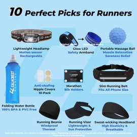 Running Gift Box for Men – 10 Premium Running Accessories, Including Running Belt, Waterproof Headlamp, Foldable Water Bottle, Running Beanie, Visor, Bib Clips, Headband & More – Cool Runner Gifts