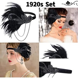 JIAJIAYI 1920s Flapper Great Gatsby Accessories - Roaring 20's Theme Flapper Costume Set for Women - Ladies Charleston Fancy Set (Black)
