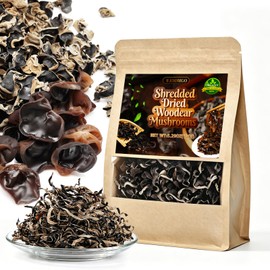 Shredded Dried Woodear Mushrooms, Natural Gluten Free Crisp Black Fungus.