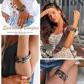 MJartoria Glitter Jelly Bangles Bracelets Set Glitter Filled Jelly Silicone Bracelets for Women (Black)