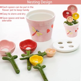 Flower Measuring Spoons Set in Pot Ceramic Baking Measuring Spoons with Holder for Dry Wet Ingredients Cute Flower Figurine Dishwasher Safe 1 Tbsp 1 TSP 1/2 TSP 1/4 TSP Unique Gift Blue