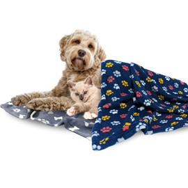 E&A Distribution Limited Pet Blanket for Dogs and Cats 2 Pack- 100x 85cm Long Faux Fur Dog Bed Blankets Medium Fleece Flannel Blanket for Pets - Soft Fluffy Warm Blanket Throw - Paws Design