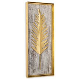 Gold Metal Wall Decor with Wooden Base, Metal Frame Wall Art with Botanical Leaf for Living Room, Bedroom, Bathroom, Kitchen, Rustic Farmhouse Wall Decor, Vintage Wall Art Decor