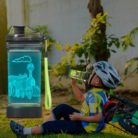 Attivolife Kids Water Bottle with 3D Train Design, Light up Travel Cup - 14 OZ Tritan BPA Free Eco-Friendly - Timer Function, Unique Drinking Cups Gifts for Boy Kid Toddler Camping Holiday School