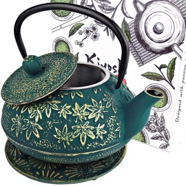 Large Japanese Cast Iron Teapot Capacity 40Oz with Trivet and Loose Leaf Tea Infuser, Cast Iron Tea Kettle Stovetop Safe. Tetsubin Coated with Enamel Interior - Green Teapot