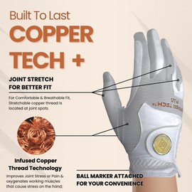 Copper Tech Men's Golf Gloves - Optimal Wrist Support with Copper Infused Thread - 100% AAA Synthetic Tacky Leather - Perfect for Summer & Fall Golfing - Golf Gloves Men (Hand Orientation: Both Hand)