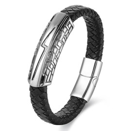BIYONGDE Mens Stainless Steel Vintage Retro Lightning Bolt ID Identification Black Braided Leather Bangle Bracelet, Minimalist Cool
