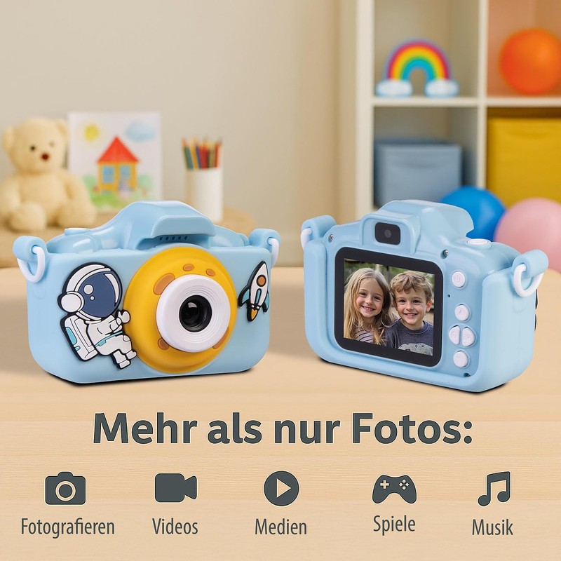 Playtastic Selfie-Kinderkamera, 2''-IPS-Display, 1080p, USB-C, Weltall-Hülle blau