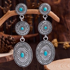 Dreuyet 2 Pairs Western Earrings for Women Vintage Rustic Couture's Cowgirl Oval Turquoise Dangle Earring Concho Dangling Earrings Country Concert Outfits Statement Jewelry (Elliptical Tqse)