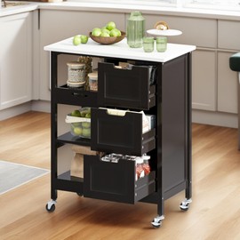 DWVO Rolling Kitchen Island Cart with 3 Drawers, Soild Wooden Countertop Kitchen Storage Cabinets, Drawers Cart for Home Dining Area, Drak Brown