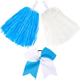 Hanaive 3 Pcs Cheerleading Pom Poms and Large Cheerleader Hair Bow Metallic Foil Cheer Pompoms Cheerleader Supplies for Dance Squad Rooters Sport Team Accessories(Blue White,Matte)