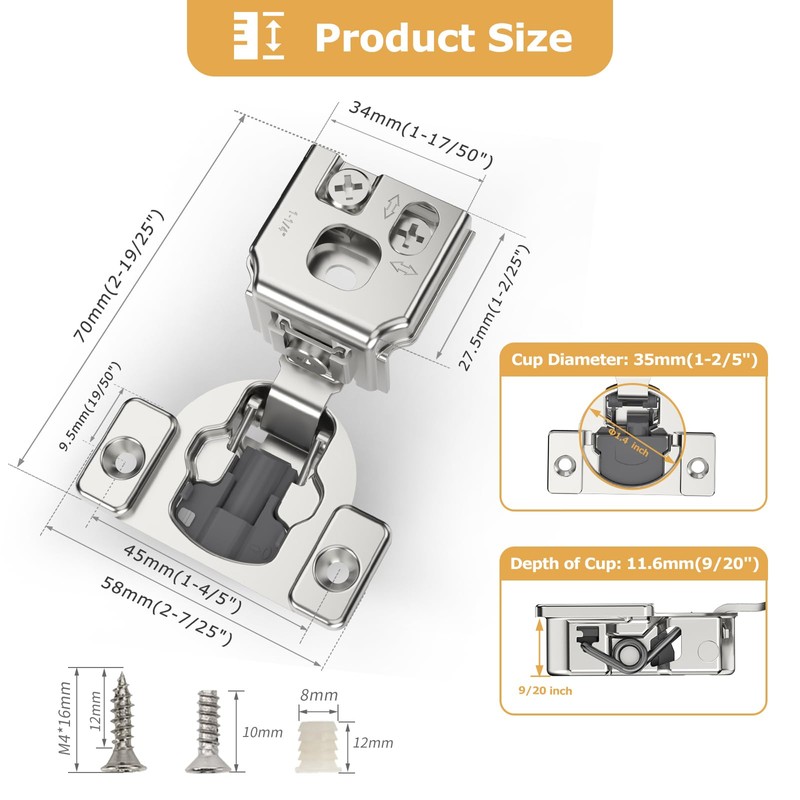 Furniware 20 Pieces 1-1/4" Small Overlay Concealed Face Frame Hinges,