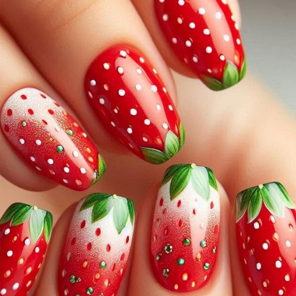 Strawberry Press on Nails Short Square Fake Nails with Green