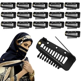 16Pcs Chunni Clips with Safety Pins, Black Strong Chunni Clips Dupatta Clips U-shape Metal Wig Clips Hair Extension Clips Hijab Pins for Headscarf Shirts
