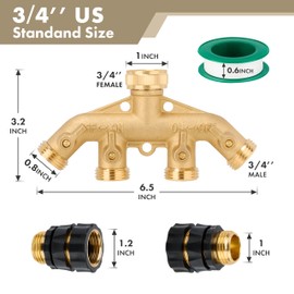Twinkle Star 4 Way Heavy Duty Brass Garden Hose Splitter,3/4" Garden Hose Fitting Quick Connectors Female and Male, 1 Teflon Tape & 6 Rubber Washers for Garden Hose Adapter Connections