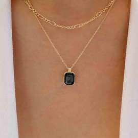 Aneneiceera Vintage Layered Crystal Choker Necklace Black Crystal Square Pendant Necklace Gold Figaro Chain Necklace Punk Black Rhinestone Necklace Jewelry for Women (Black)