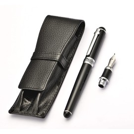 Lanxivi Duke Double Fountain Pen Fude Curved Nib with Leather Pen Set Black Pen with Black Case