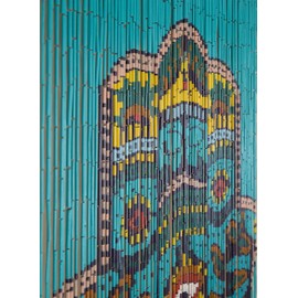 Beaded String Natural Wood Beaded Curtain-90 Strands-Boho Door Beads-Bohemian Doorway Curtain-35.5" W x 78" H-Hand Made-Hand Painted (Hamsa)