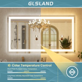 GLSLAND LED Bathroom Mirror - 48"x32" Anti-Fog Wall Mirrors with Memory Function, Dimmable, Frontlit & Backlit, Horizontally/Vertically, Tempered Glass