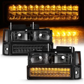 ACANII - For 1994-1998 Chevy Silverado C/K 1500 Tahoe Suburban Smoked Headlights+LED Bumper Lights+Corner Lamps 8Pcs Set